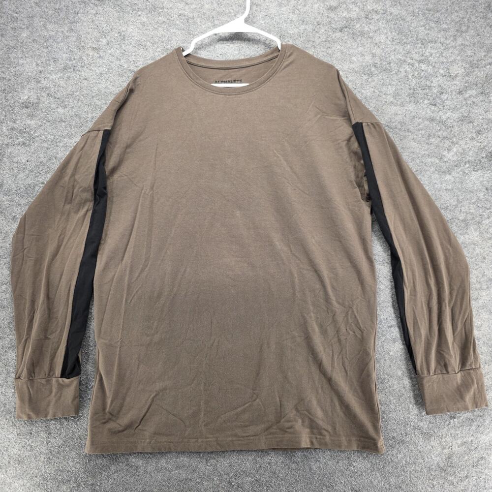 ALPHALETE Shirt Mens L Brown Long Sleeve Crewneck Tagless Cotton Spandex Logo